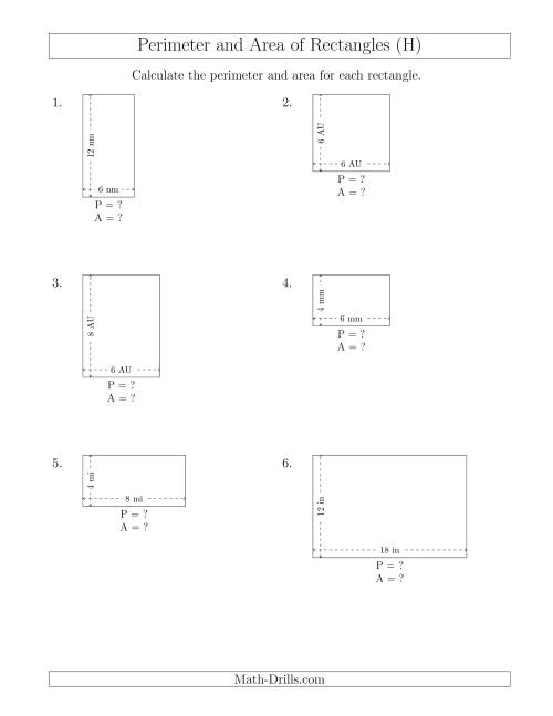 The Calculating the Perimeter and Area of Rectangles from Side Measurements (Smaller Whole Numbers) (H) Math Worksheet