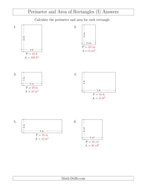 The Calculating the Perimeter and Area of Rectangles from Side Measurements (Smaller Whole Numbers) (I) Math Worksheet Page 2