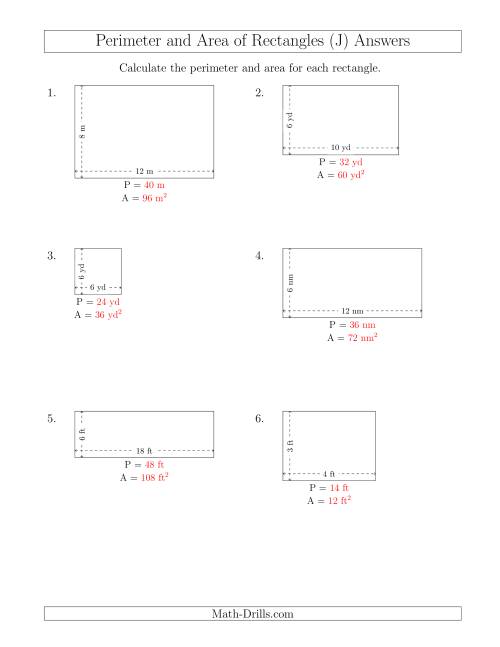 The Calculating the Perimeter and Area of Rectangles from Side Measurements (Smaller Whole Numbers) (J) Math Worksheet Page 2