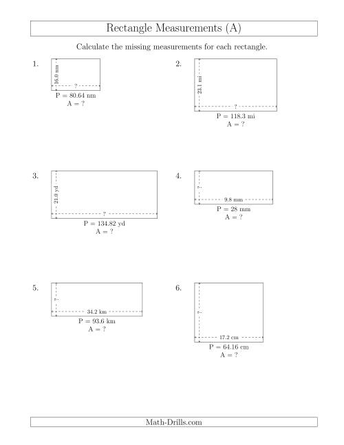 The Calculating the Side and Area Measurements of Rectangles from Perimeter and Side Measurements (Decimal Numbers) (A) Math Worksheet