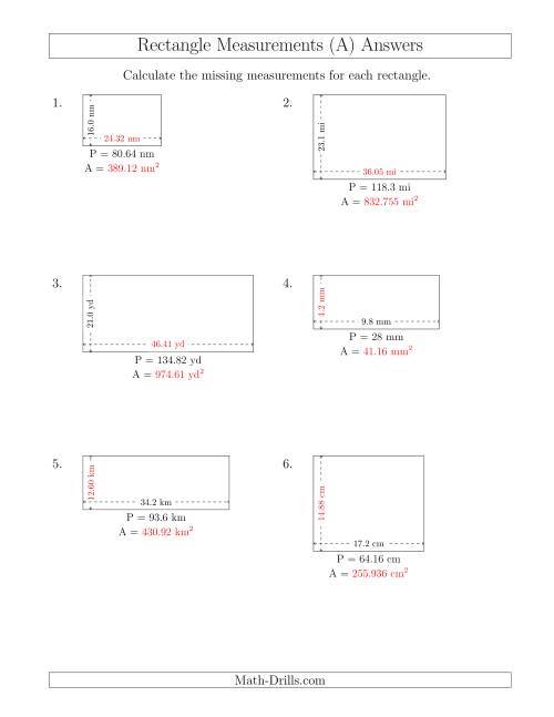 The Calculating the Side and Area Measurements of Rectangles from Perimeter and Side Measurements (Decimal Numbers) (A) Math Worksheet Page 2