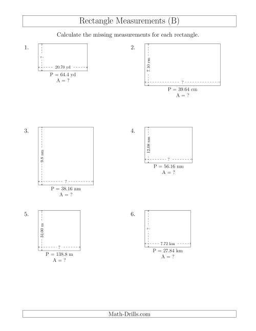 The Calculating the Side and Area Measurements of Rectangles from Perimeter and Side Measurements (Decimal Numbers) (B) Math Worksheet