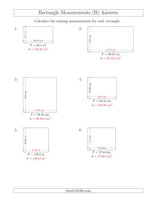 The Calculating the Side and Area Measurements of Rectangles from Perimeter and Side Measurements (Decimal Numbers) (B) Math Worksheet Page 2