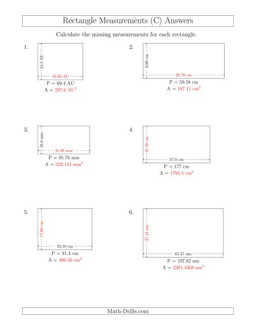 The Calculating the Side and Area Measurements of Rectangles from Perimeter and Side Measurements (Decimal Numbers) (C) Math Worksheet Page 2
