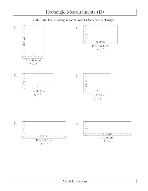 The Calculating the Side and Area Measurements of Rectangles from Perimeter and Side Measurements (Decimal Numbers) (D) Math Worksheet