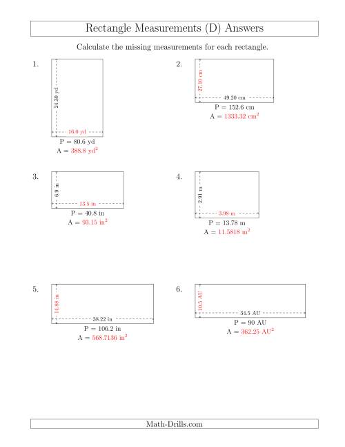 The Calculating the Side and Area Measurements of Rectangles from Perimeter and Side Measurements (Decimal Numbers) (D) Math Worksheet Page 2