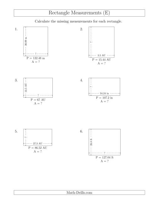 The Calculating the Side and Area Measurements of Rectangles from Perimeter and Side Measurements (Decimal Numbers) (E) Math Worksheet