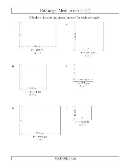 The Calculating the Side and Area Measurements of Rectangles from Perimeter and Side Measurements (Decimal Numbers) (F) Math Worksheet