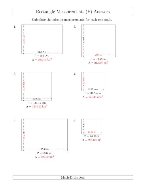 The Calculating the Side and Area Measurements of Rectangles from Perimeter and Side Measurements (Decimal Numbers) (F) Math Worksheet Page 2