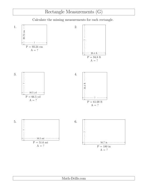 The Calculating the Side and Area Measurements of Rectangles from Perimeter and Side Measurements (Decimal Numbers) (G) Math Worksheet
