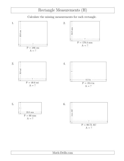 The Calculating the Side and Area Measurements of Rectangles from Perimeter and Side Measurements (Decimal Numbers) (H) Math Worksheet