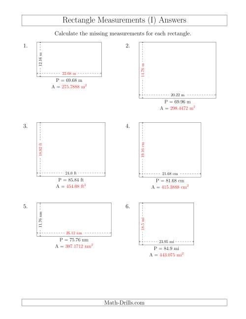 The Calculating the Side and Area Measurements of Rectangles from Perimeter and Side Measurements (Decimal Numbers) (I) Math Worksheet Page 2