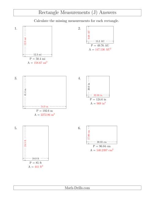 The Calculating the Side and Area Measurements of Rectangles from Perimeter and Side Measurements (Decimal Numbers) (J) Math Worksheet Page 2