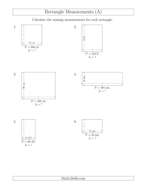 The Calculating the Side and Area Measurements of Rectangles from Perimeter and Side Measurements (Larger Whole Numbers) (A) Math Worksheet