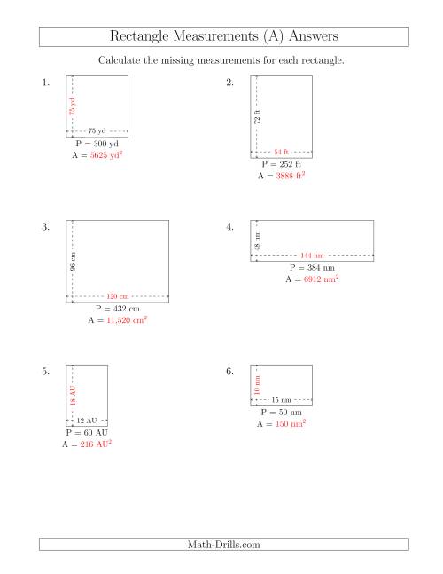 The Calculating the Side and Area Measurements of Rectangles from Perimeter and Side Measurements (Larger Whole Numbers) (A) Math Worksheet Page 2