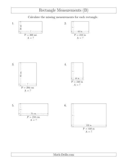 The Calculating the Side and Area Measurements of Rectangles from Perimeter and Side Measurements (Larger Whole Numbers) (B) Math Worksheet