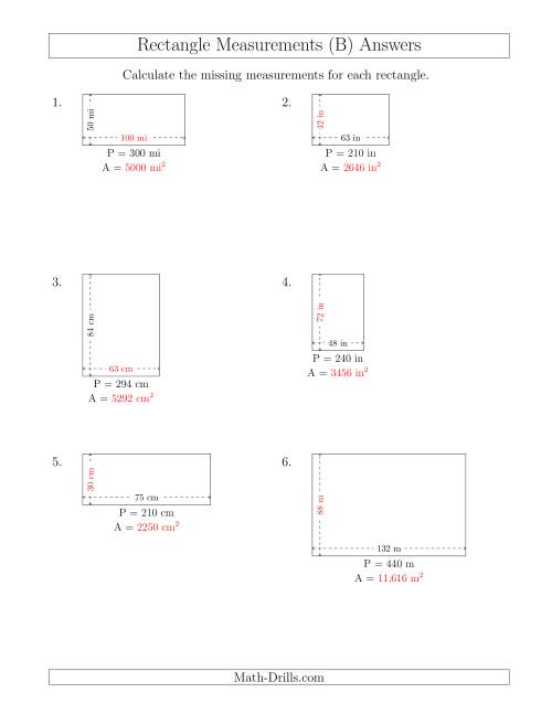 The Calculating the Side and Area Measurements of Rectangles from Perimeter and Side Measurements (Larger Whole Numbers) (B) Math Worksheet Page 2