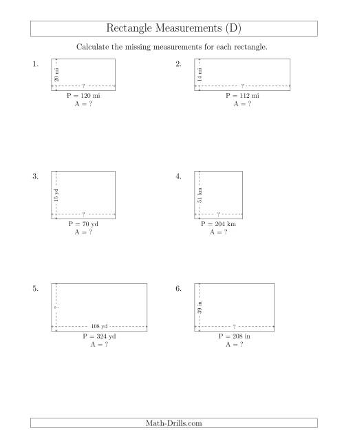 The Calculating the Side and Area Measurements of Rectangles from Perimeter and Side Measurements (Larger Whole Numbers) (D) Math Worksheet