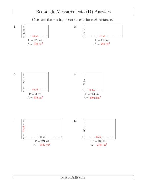 The Calculating the Side and Area Measurements of Rectangles from Perimeter and Side Measurements (Larger Whole Numbers) (D) Math Worksheet Page 2