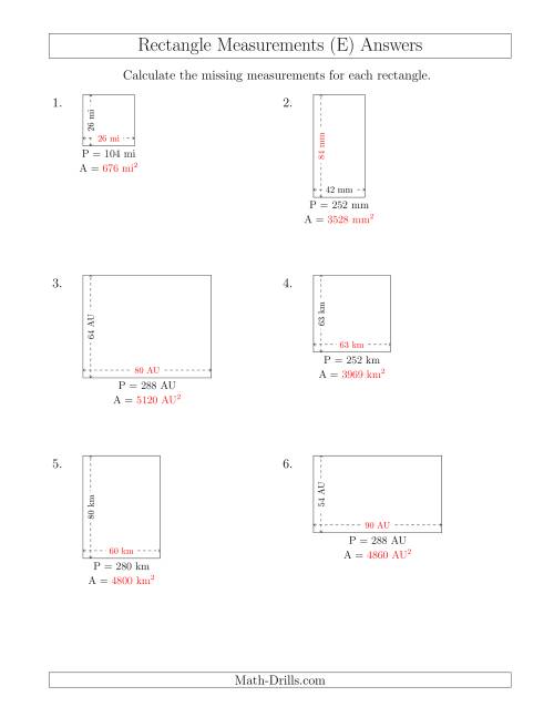 The Calculating the Side and Area Measurements of Rectangles from Perimeter and Side Measurements (Larger Whole Numbers) (E) Math Worksheet Page 2