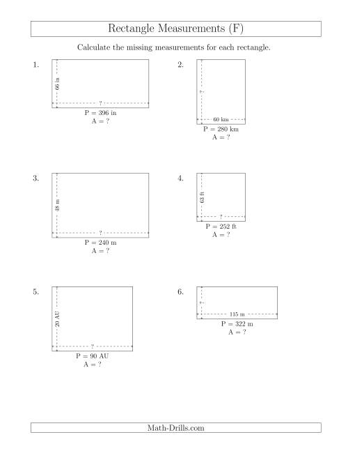 The Calculating the Side and Area Measurements of Rectangles from Perimeter and Side Measurements (Larger Whole Numbers) (F) Math Worksheet