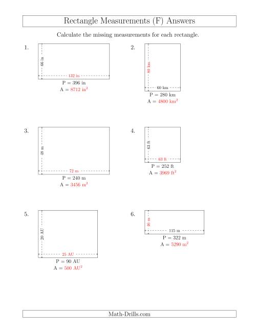 The Calculating the Side and Area Measurements of Rectangles from Perimeter and Side Measurements (Larger Whole Numbers) (F) Math Worksheet Page 2