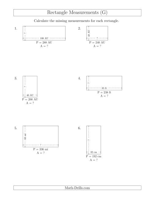 The Calculating the Side and Area Measurements of Rectangles from Perimeter and Side Measurements (Larger Whole Numbers) (G) Math Worksheet