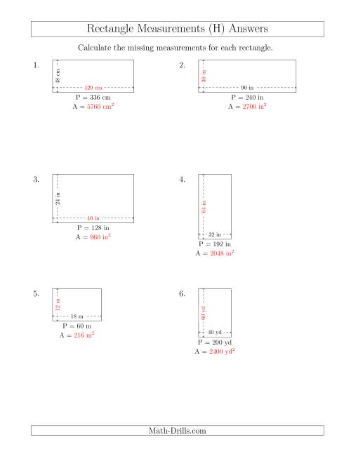 The Calculating the Side and Area Measurements of Rectangles from Perimeter and Side Measurements (Larger Whole Numbers) (H) Math Worksheet Page 2