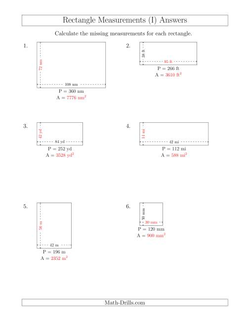 The Calculating the Side and Area Measurements of Rectangles from Perimeter and Side Measurements (Larger Whole Numbers) (I) Math Worksheet Page 2