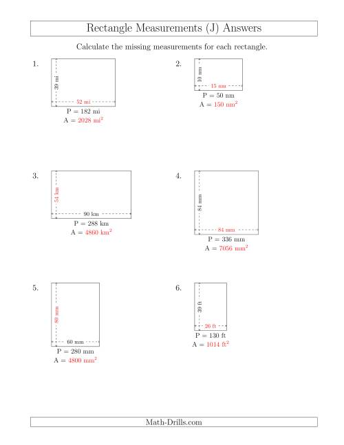 The Calculating the Side and Area Measurements of Rectangles from Perimeter and Side Measurements (Larger Whole Numbers) (J) Math Worksheet Page 2