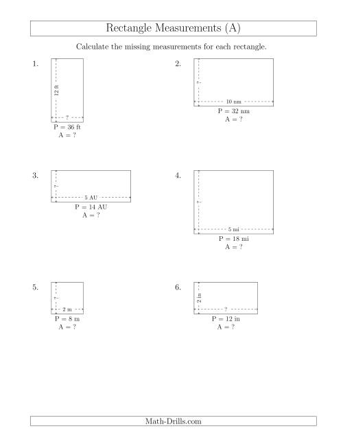 The Calculating the Side and Area Measurements of Rectangles from Perimeter and Side Measurements (Smaller Whole Numbers) (A) Math Worksheet