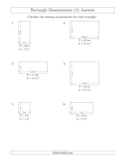 The Calculating the Side and Area Measurements of Rectangles from Perimeter and Side Measurements (Smaller Whole Numbers) (A) Math Worksheet Page 2