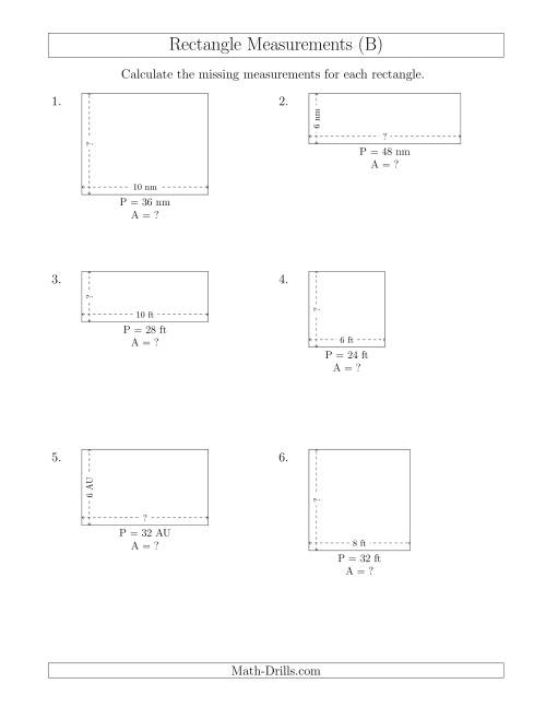 The Calculating the Side and Area Measurements of Rectangles from Perimeter and Side Measurements (Smaller Whole Numbers) (B) Math Worksheet