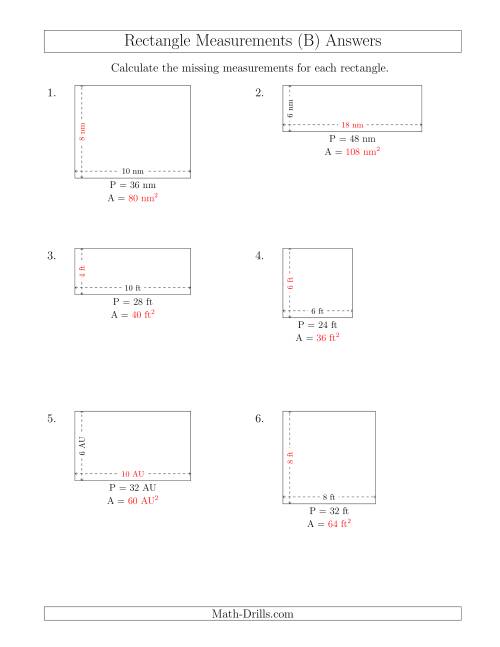 The Calculating the Side and Area Measurements of Rectangles from Perimeter and Side Measurements (Smaller Whole Numbers) (B) Math Worksheet Page 2