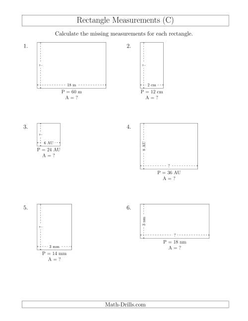 The Calculating the Side and Area Measurements of Rectangles from Perimeter and Side Measurements (Smaller Whole Numbers) (C) Math Worksheet