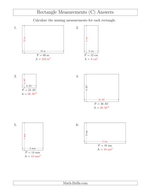 The Calculating the Side and Area Measurements of Rectangles from Perimeter and Side Measurements (Smaller Whole Numbers) (C) Math Worksheet Page 2