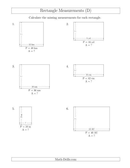 The Calculating the Side and Area Measurements of Rectangles from Perimeter and Side Measurements (Smaller Whole Numbers) (D) Math Worksheet