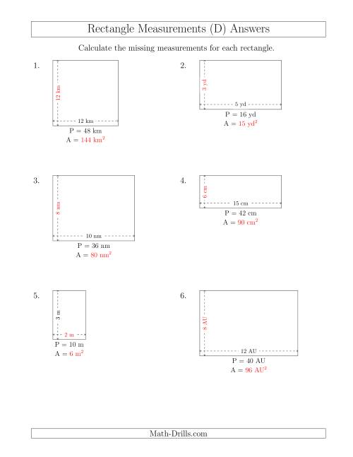 The Calculating the Side and Area Measurements of Rectangles from Perimeter and Side Measurements (Smaller Whole Numbers) (D) Math Worksheet Page 2