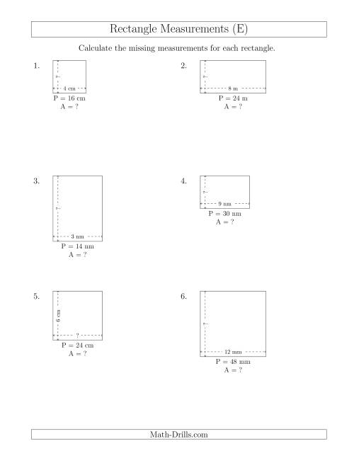 The Calculating the Side and Area Measurements of Rectangles from Perimeter and Side Measurements (Smaller Whole Numbers) (E) Math Worksheet