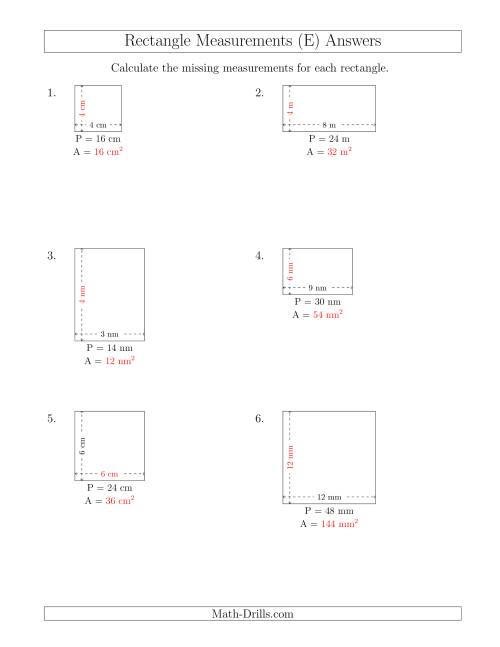 The Calculating the Side and Area Measurements of Rectangles from Perimeter and Side Measurements (Smaller Whole Numbers) (E) Math Worksheet Page 2