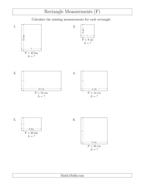 The Calculating the Side and Area Measurements of Rectangles from Perimeter and Side Measurements (Smaller Whole Numbers) (F) Math Worksheet