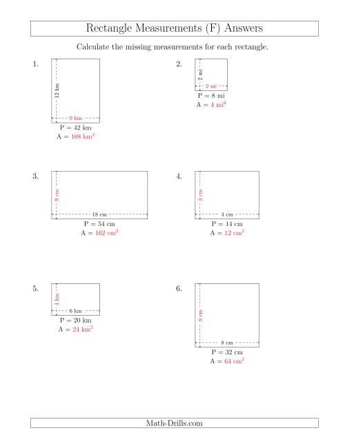 The Calculating the Side and Area Measurements of Rectangles from Perimeter and Side Measurements (Smaller Whole Numbers) (F) Math Worksheet Page 2