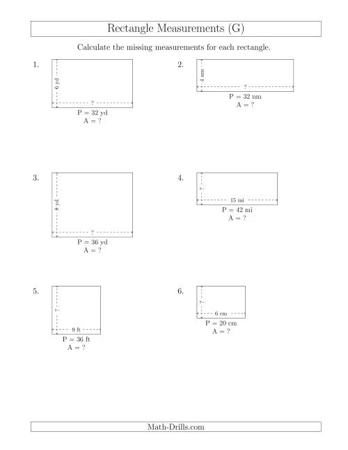 The Calculating the Side and Area Measurements of Rectangles from Perimeter and Side Measurements (Smaller Whole Numbers) (G) Math Worksheet
