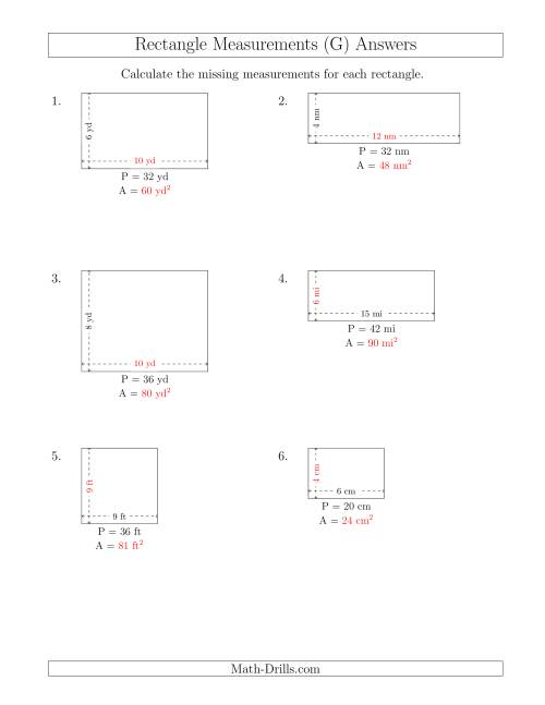 The Calculating the Side and Area Measurements of Rectangles from Perimeter and Side Measurements (Smaller Whole Numbers) (G) Math Worksheet Page 2