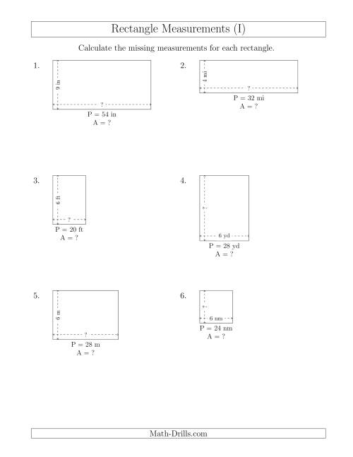 The Calculating the Side and Area Measurements of Rectangles from Perimeter and Side Measurements (Smaller Whole Numbers) (I) Math Worksheet