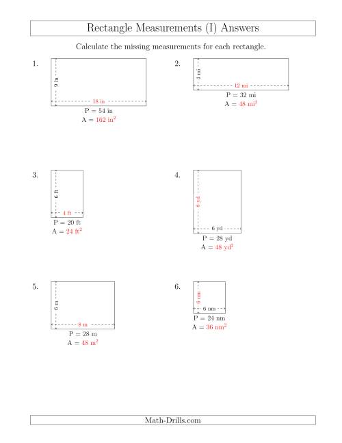 The Calculating the Side and Area Measurements of Rectangles from Perimeter and Side Measurements (Smaller Whole Numbers) (I) Math Worksheet Page 2