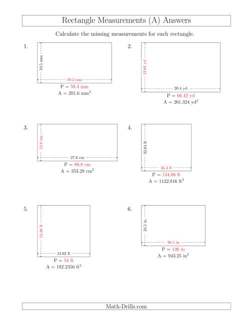 The Calculating the Side and Perimeter Measurements of Rectangles from Area and Side Measurements (Decimal Numbers) (A) Math Worksheet Page 2