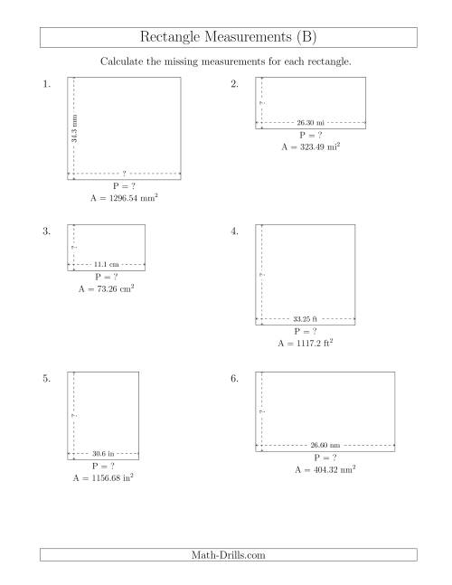 The Calculating the Side and Perimeter Measurements of Rectangles from Area and Side Measurements (Decimal Numbers) (B) Math Worksheet