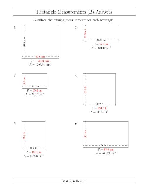 The Calculating the Side and Perimeter Measurements of Rectangles from Area and Side Measurements (Decimal Numbers) (B) Math Worksheet Page 2