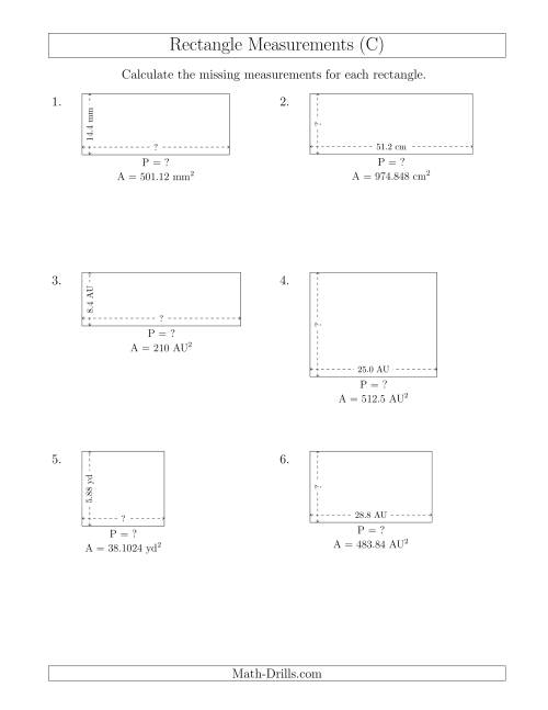 The Calculating the Side and Perimeter Measurements of Rectangles from Area and Side Measurements (Decimal Numbers) (C) Math Worksheet